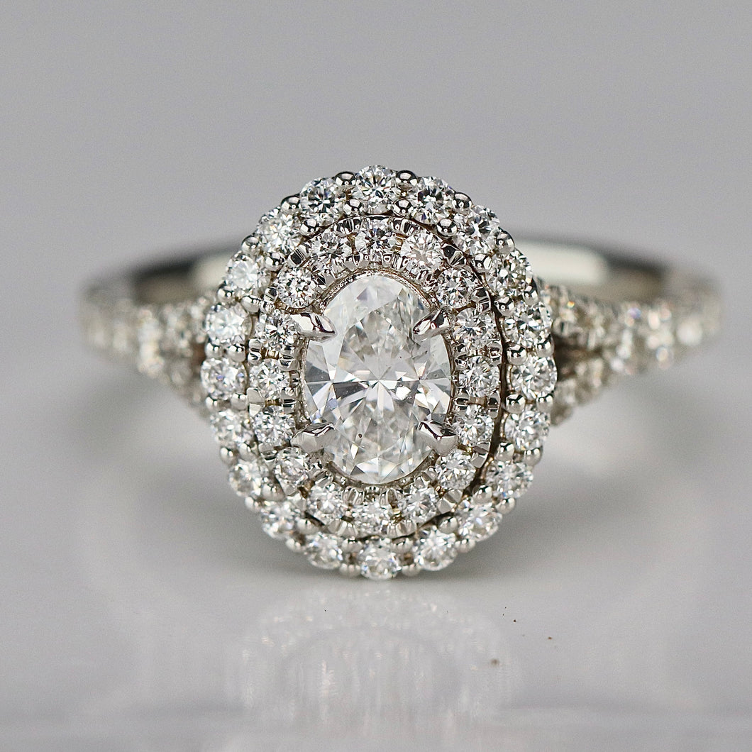50% OFF!  Lab Grown oval diamond double halo ring in 14k white gold