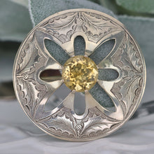 Load image into Gallery viewer, Vintage (almost antique!) 1927 Silver Scottish brooch with citrine