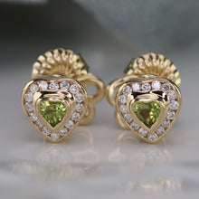 Load image into Gallery viewer, 50% OFF!  PRELOVED: Pair of 14k gold peridot and diamond heart earrings