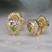 Load image into Gallery viewer, 50% OFF!  PRELOVED: Pair of 14k gold peridot and diamond heart earrings