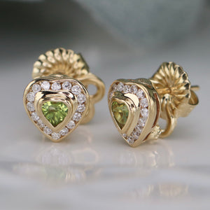 50% OFF!  PRELOVED: Pair of 14k gold peridot and diamond heart earrings