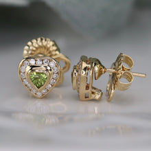Load image into Gallery viewer, 50% OFF!  PRELOVED: Pair of 14k gold peridot and diamond heart earrings