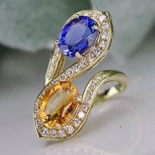 Load image into Gallery viewer, Estate tanzanite, citrine, and diamond ring in 14k yellow gold