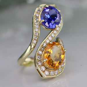 Estate tanzanite, citrine, and diamond ring in 14k yellow gold