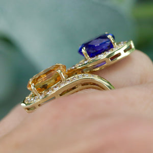 Estate tanzanite, citrine, and diamond ring in 14k yellow gold