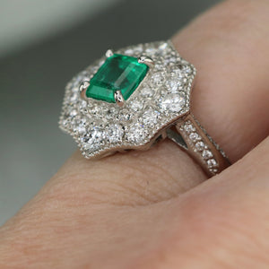 Estate Emerald and diamond ring in platinum