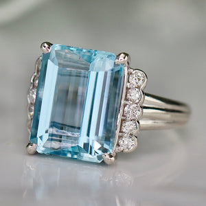Estate Aquamarine and diamond ring in platinum