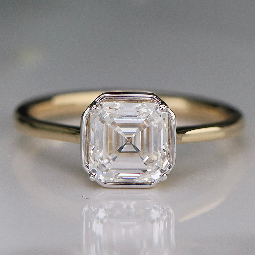2.02ct asscher cut lab grown diamond ring in 14k yellow gold