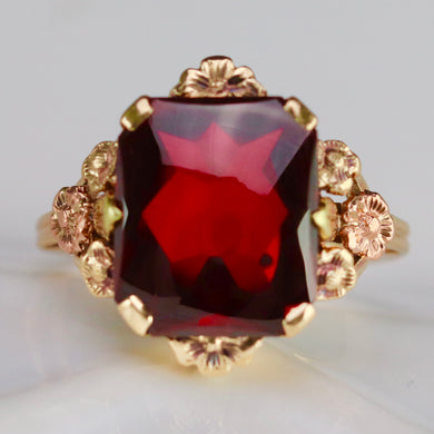 Estate vintage lab grown ruby ring in yellow gold
