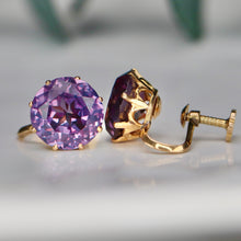 Load image into Gallery viewer, Estate Vintage Color change lab grown sapphire earrings in 14k yellow gold