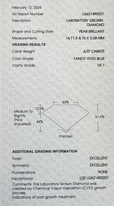 4.07ct pear shape loose lab grown diamond FVB/VS1 with IGI report