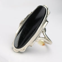 Load image into Gallery viewer, Estate vintage long and lean oval onyx vintage ring in white gold