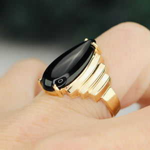 Estate vintage onyx pear shaped ring in yellow gold
