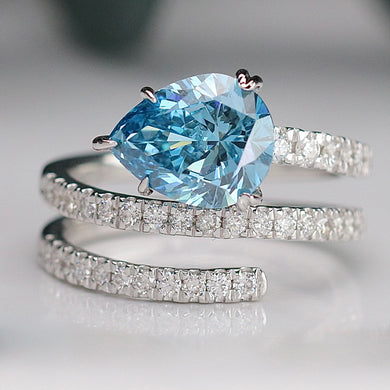 2.50ct Blue pear shaped lab grown diamond ring in 14k white gold
