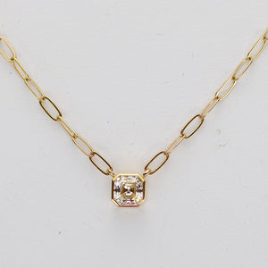 Asscher shaped 5mm Moissanite bezel paperclip necklace in 14k yellow gold