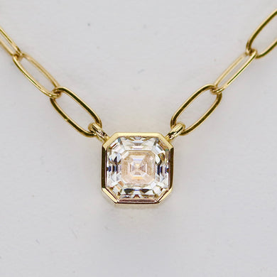 Asscher shaped 5mm Moissanite bezel paperclip necklace in 14k yellow gold