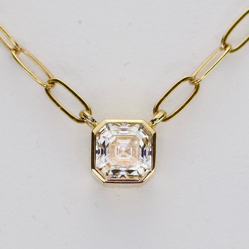 Asscher shaped 5mm Moissanite bezel paperclip necklace in 14k yellow gold