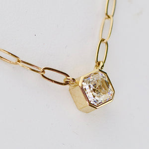 Asscher shaped 5mm Moissanite bezel paperclip necklace in 14k yellow gold