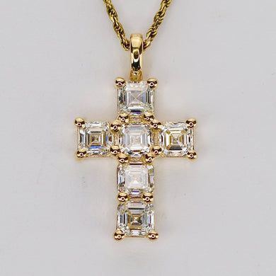 2ctw Asscher shaped lab grown diamond cross pendant in 14k yellow gold