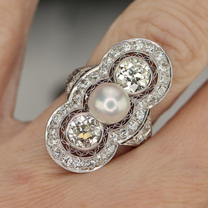 Estate vintage old european cut diamond and pearl ring in platinum
