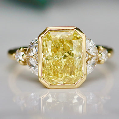 The Soleil: Fully custom lab grown yellow radiant 3.05ct diamond ring in 14k yellow gold