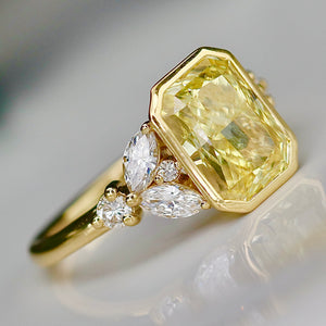 The Soleil: Fully custom lab grown yellow radiant 3.05ct diamond ring in 14k yellow gold