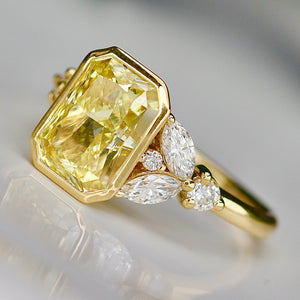 The Soleil: Fully custom lab grown yellow radiant 3.05ct diamond ring in 14k yellow gold