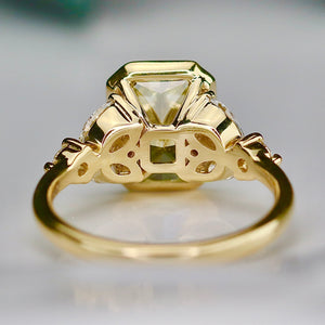 The Soleil: Fully custom lab grown yellow radiant 3.05ct diamond ring in 14k yellow gold