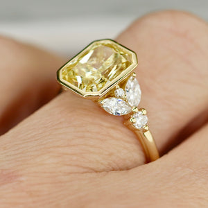The Soleil: Fully custom lab grown yellow radiant 3.05ct diamond ring in 14k yellow gold