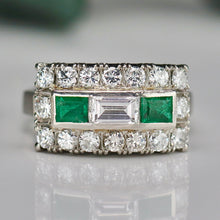 Load image into Gallery viewer, Estate vintage Emerald and diamond ring in platinum