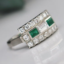 Load image into Gallery viewer, Estate vintage Emerald and diamond ring in platinum