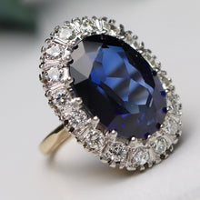 Load image into Gallery viewer, Estate vintage Princess Diana style lab grown Sapphire and diamond ring in 14k gold