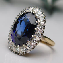 Load image into Gallery viewer, Estate vintage Princess Diana style lab grown Sapphire and diamond ring in 14k gold