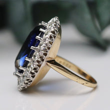 Load image into Gallery viewer, Estate vintage Princess Diana style lab grown Sapphire and diamond ring in 14k gold