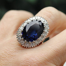 Load image into Gallery viewer, Estate vintage Princess Diana style lab grown Sapphire and diamond ring in 14k gold