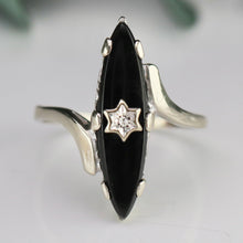 Load image into Gallery viewer, Vintage navette onyx and diamond ring in white gold