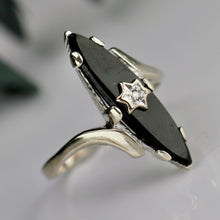 Load image into Gallery viewer, Vintage navette onyx and diamond ring in white gold