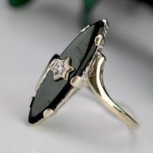 Load image into Gallery viewer, Vintage navette onyx and diamond ring in white gold
