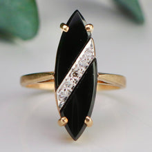 Load image into Gallery viewer, Vintage navette onyx and diamond ring in yellow gold