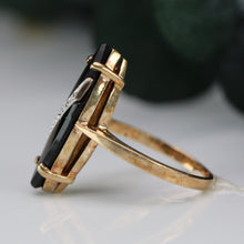 Load image into Gallery viewer, Vintage navette onyx and diamond ring in yellow gold