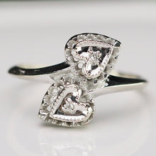 Load image into Gallery viewer, Estate vintage double heart diamond ring in white gold