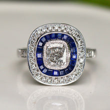 Load image into Gallery viewer, 50% OFF!  Estate vintage style Sapphire and diamond target style ring in platinum