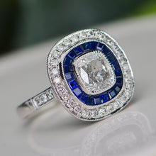Load image into Gallery viewer, 50% OFF!  Estate vintage style Sapphire and diamond target style ring in platinum