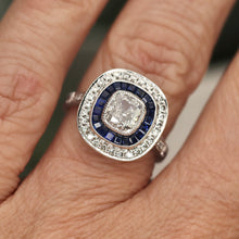 Load image into Gallery viewer, 50% OFF!  Estate vintage style Sapphire and diamond target style ring in platinum