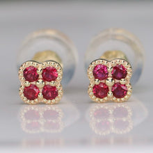 Load image into Gallery viewer, SPECIAL!  Ruby Quatrefoil studs in 14k yellow gold