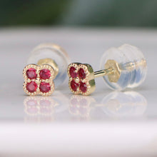 Load image into Gallery viewer, SPECIAL!  Ruby Quatrefoil studs in 14k yellow gold