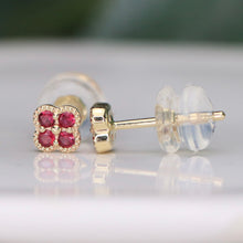 Load image into Gallery viewer, SPECIAL!  Ruby Quatrefoil studs in 14k yellow gold
