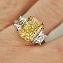 Load image into Gallery viewer, SPECIAL!  5.06ct Fancy vivid yellow radiant cut lab grown diamond ring in 14k gold