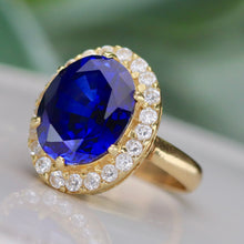 Load image into Gallery viewer, Princess Diana style synthetic Sapphire in 14k yellow gold