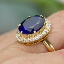 Load image into Gallery viewer, Princess Diana style synthetic Sapphire in 14k yellow gold